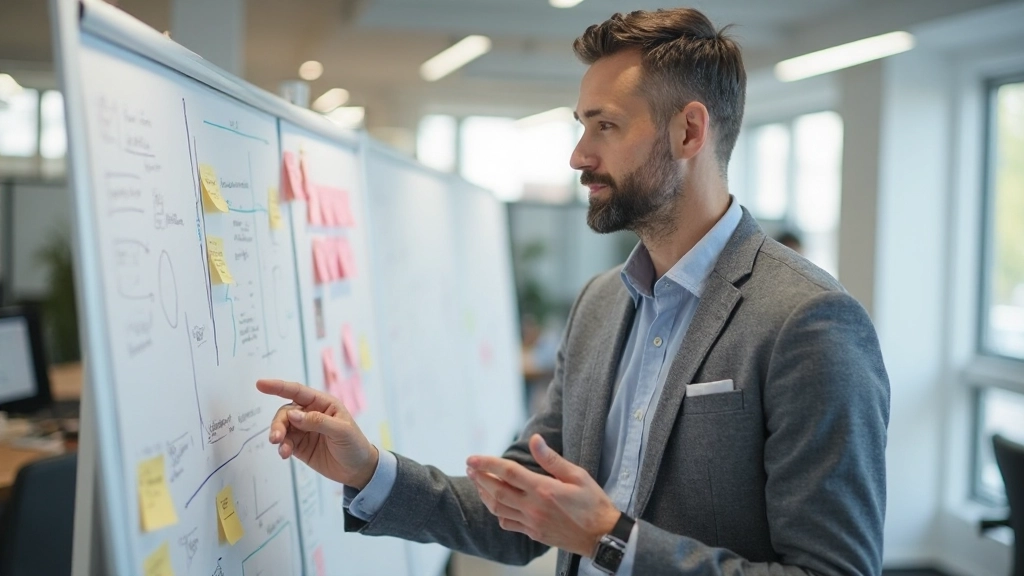 Onderzoeksresultaten en gebruikersinzichten worden gevisualiseerd op een groot whiteboard met notities en diagrammen