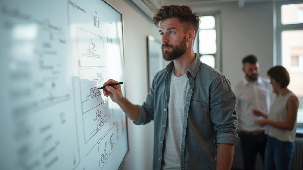 Professionele afbeelding van UX-designer die navigatiestructuur schetst op whiteboard met team leden
