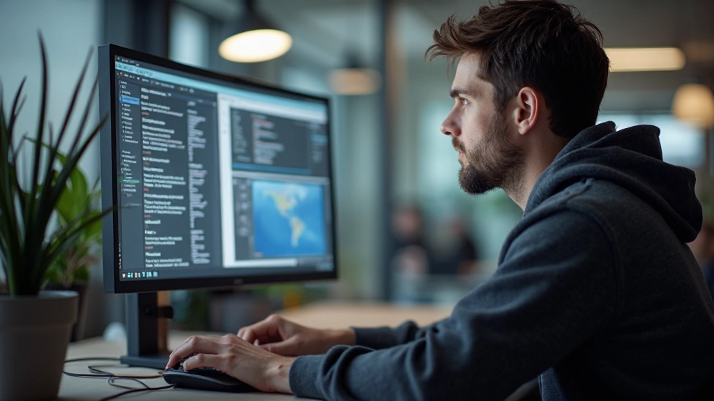 Frontend-developer werkt aan responsive navigatie code op monitors met CSS en HTML zichtbaar